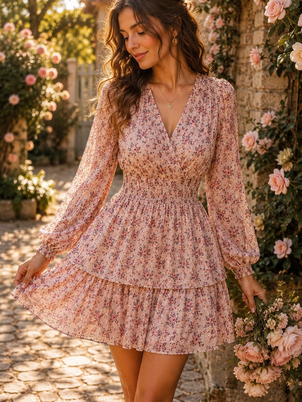 Dusty Pink Floral Mini Dress M Cottage L/S Prairie Romantic Whimsy Two Tiered